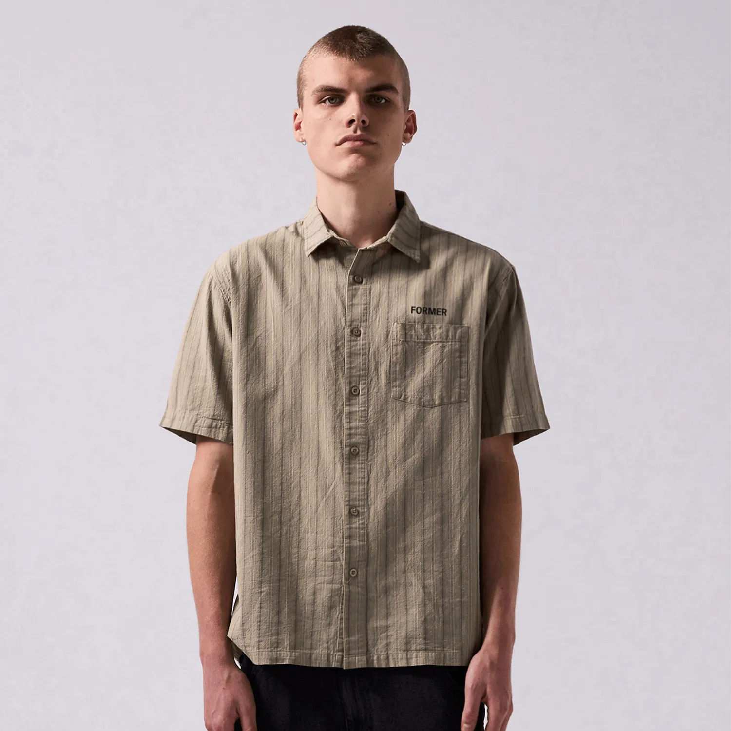 Former Merchandise Reynolds Striped Shirt Moss - ARROW & BEAST